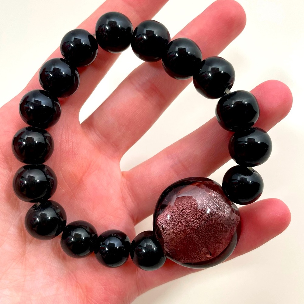 Vintage Black Glass Whimsical Goth Halloween Oversized WitchCore Beaded Bracelet